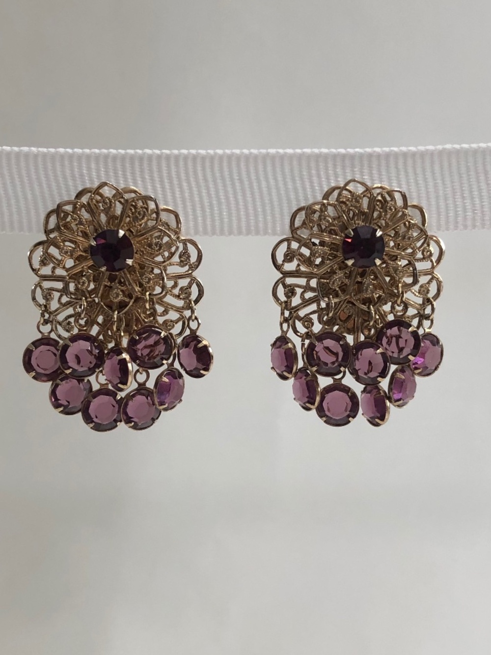 Purple Rhinestone Dangling Filigree Clip-on Earrings